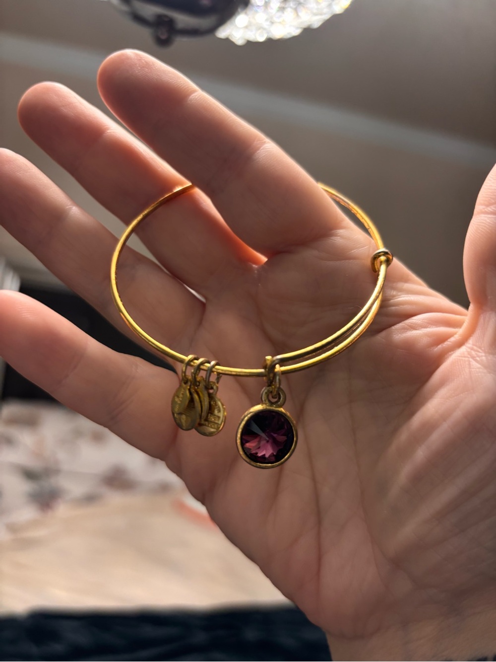 Alex and Ani Gold-Tone Bangle Bracelet with Purple Crystal Charm